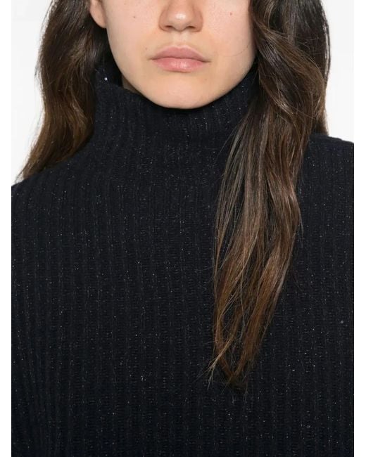 Brunello Cucinelli Blue Sequin-Embellished Ribbed Cashmere Turtleneck