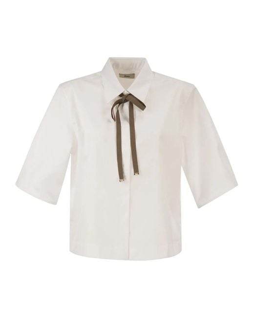 Herno White Cropped Cotton Shirt With Ribbon Bow