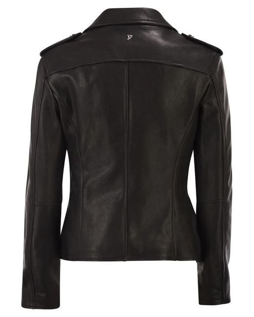 Dondup Black Lamb Leather Biker Jacket With Asymmetric Zip