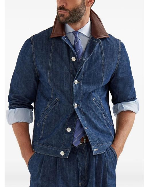 Brunello Cucinelli Blue Lightweight Denim Jacket With Leather Collar for men
