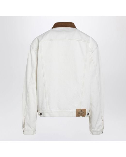 Prada White Old Denim Jacket With Leather Details for men