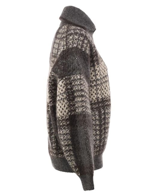 Brunello Cucinelli Gray Jacquard Knit Bomber Cardigan With Sequins