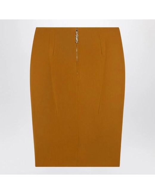 Saint Laurent Brown Ochre Satin Pencil Skirt
