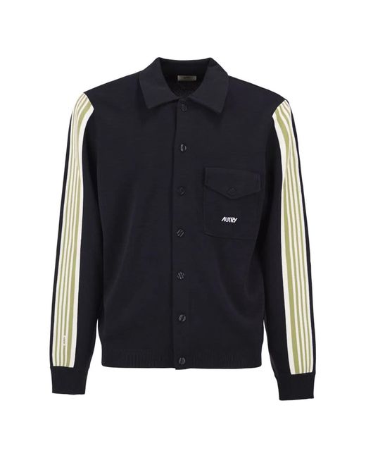 Autry Blue Knitted Jacket With Buttons And Side Stripes for men
