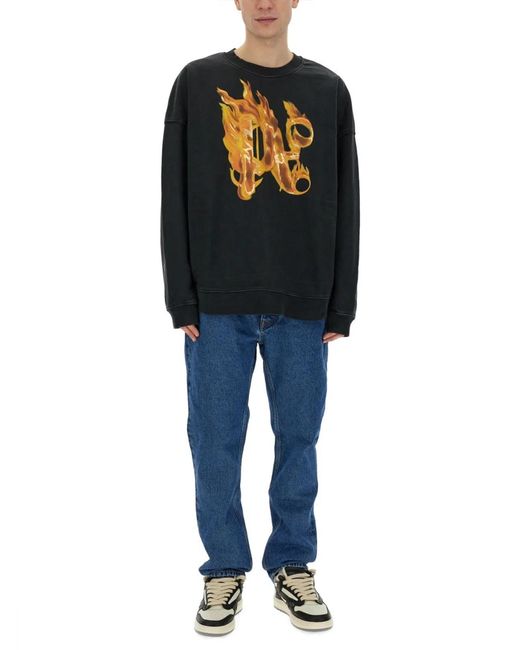 Palm Angels Black Burning Monogram Print Sweatshirt for men
