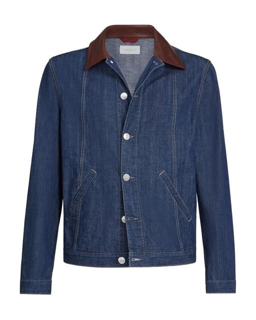 Brunello Cucinelli Blue Lightweight Denim Jacket With Leather Collar for men
