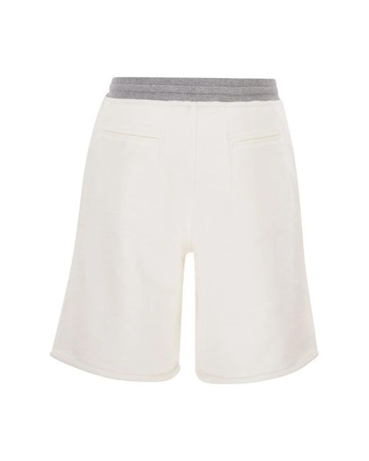 Brunello Cucinelli White Mélange Cotton And Linen Fleece Bermuda Shorts With Logo for men