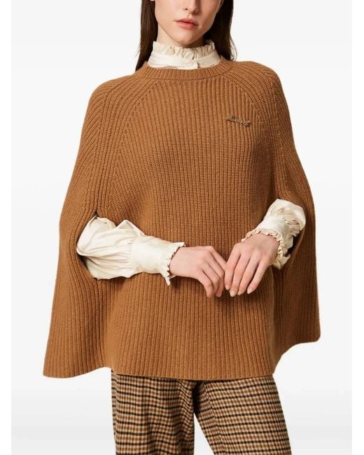 Twinset Brown Twinset Ribbed Jewel-Embellished Cape