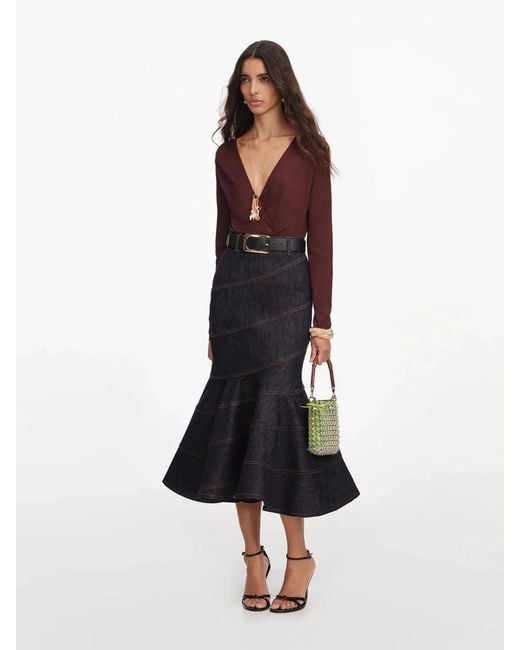 Self-Portrait White Denim Belted Midi Skirt