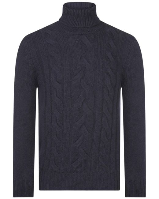 Gran Sasso Blue Cabled Super Geelong Turtleneck for men