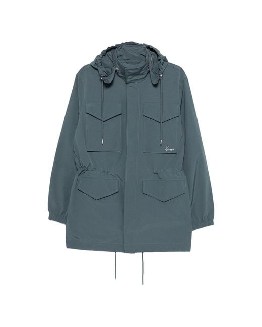 KENZO Blue Drawstring-Hem Hooded Parka Coat