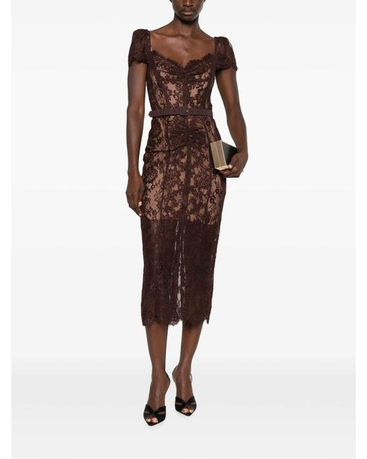 Self-Portrait Brown Floral Lace Midi Dress