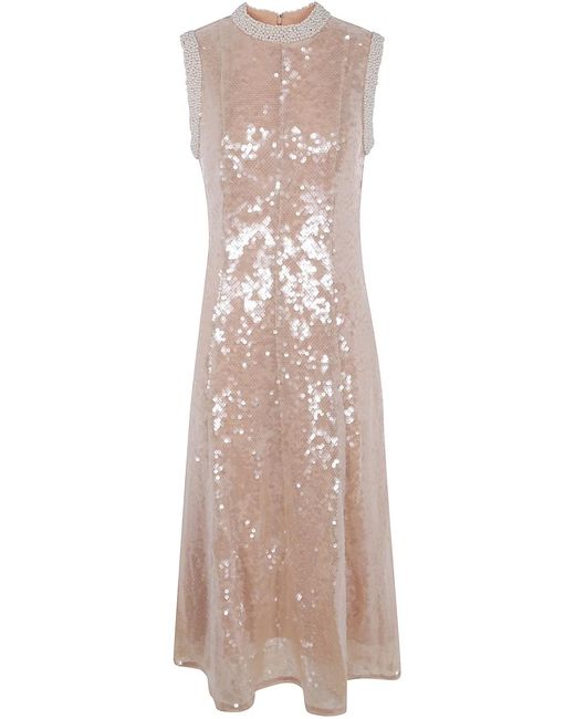 Self-Portrait Natural Sequin Pearl Trim Midi Dress