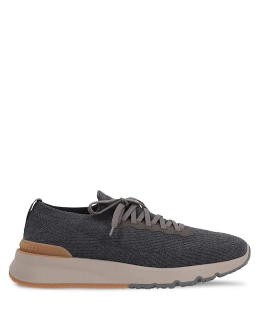 Brunello Cucinelli Gray Stretch-Knit Sock Sneakers Featuring Leather Trim And A Chunky Rubber Sole for men