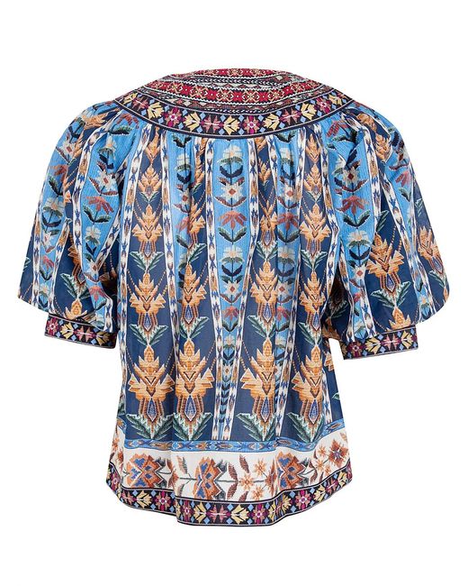 Farm Rio Blue Embroidered Tapestry Short Sleeve Blouse