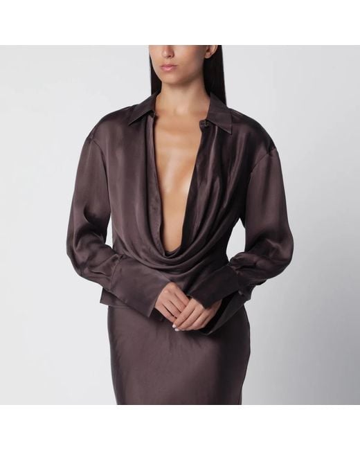 ANDAMANE Red Deep Neckline Rouge Noir Satin Shirt