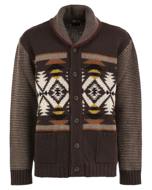 Fay Brown Wool Cardigan With Jacquard Pattern for men