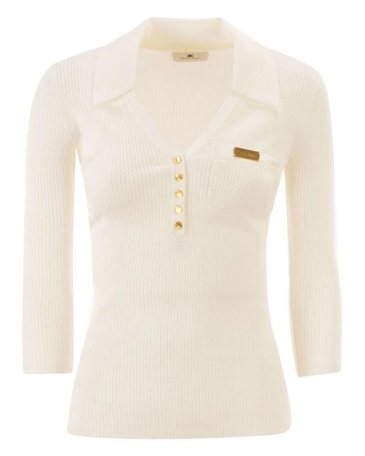 Elisabetta Franchi Natural Micro-Cable Knit Polo Shirt