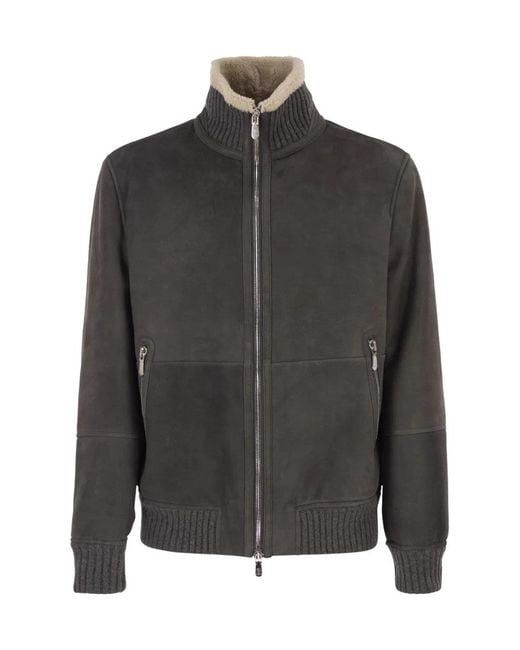 Brunello Cucinelli Black Shearling Jacket Featuring A Ribbed High Neck And Front Zip Fastening for men