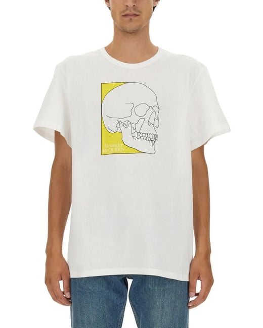 McQueen White Skull Print T Shirt for men