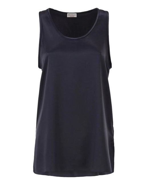 Brunello Cucinelli Blue Stretch Silk Satin Crew Neck Top