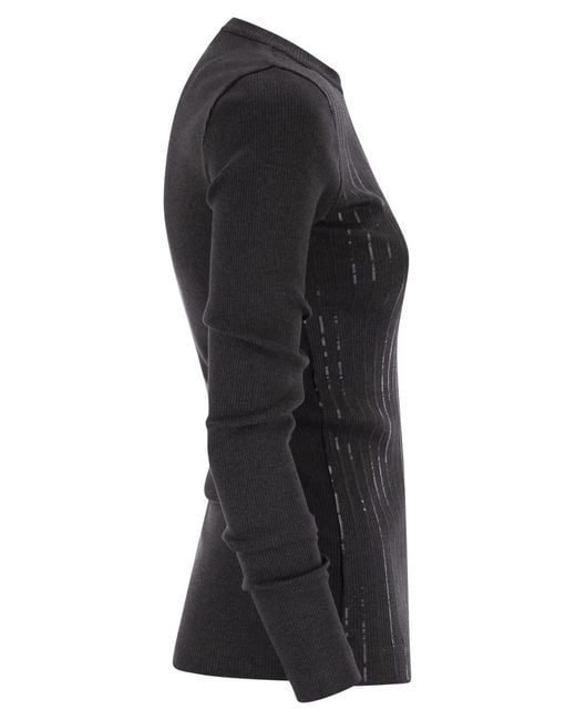Brunello Cucinelli Black Cotton Jersey T-Shirt With Dazzling Chalk Stripe Embroidery