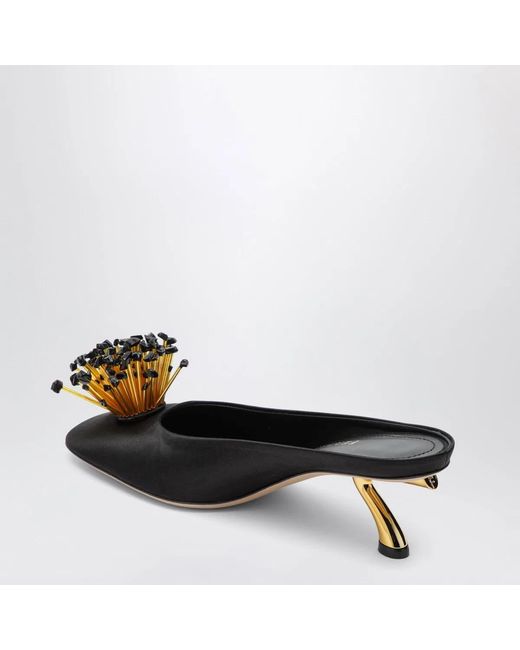 Ferragamo Black Mules With Sculptural Heel And Crystal Flower