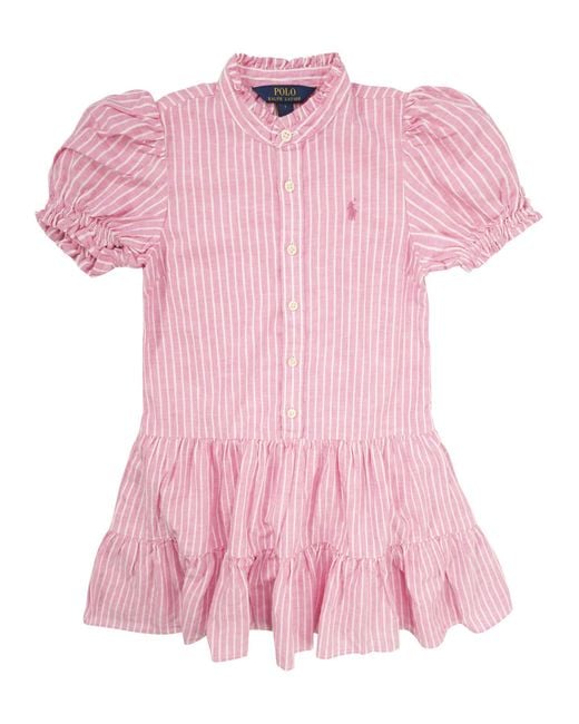 Polo Ralph Lauren Women's Pink Linen And Cotton Striped Dress With Flounces