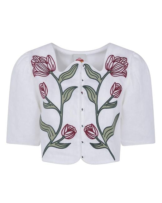 Farm Rio White "Flower" Crop Top Short Sleeve