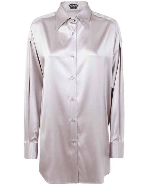 Tom Ford Gray Stretch Silk Satin Relaxed Fit Shirt