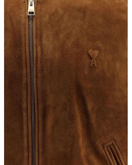 AMI Brown Suede Leather Zipped Jacket for men