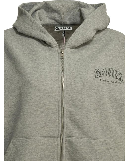 Ganni Gray Sweatshirt With Zipper And Logo