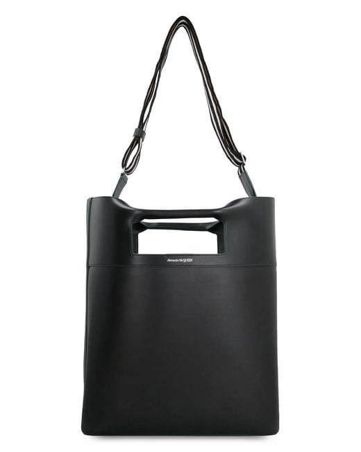 McQueen Black Leather The Square Bow Shopping Bag for men