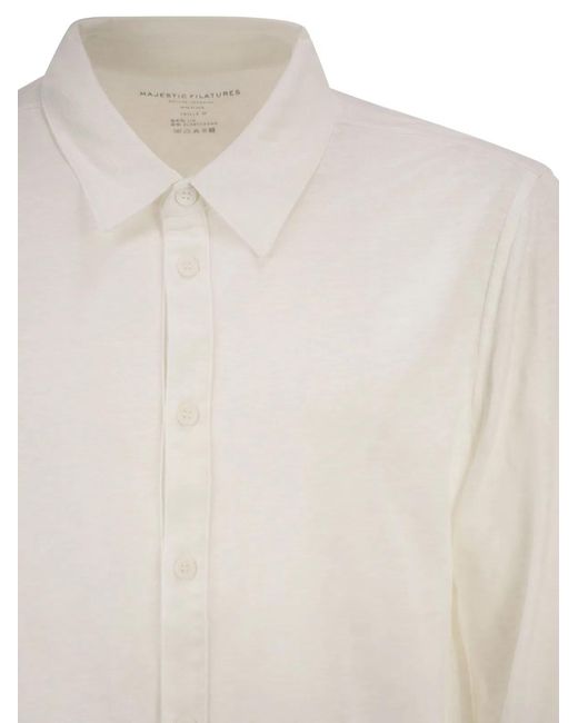 Majestic White Stretch Linen Shirt With Front Button Fastening for men