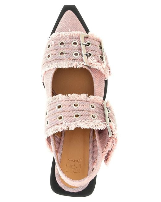 Ganni Pink 'Feminine Buckle Fringed Denim' Slingback