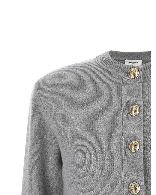 Balmain Gray Sculpture Button Crew Neck Cardigan