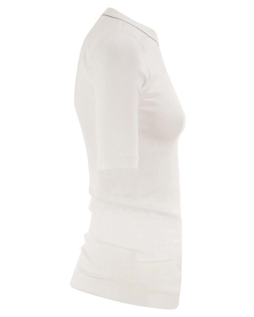 Brunello Cucinelli White Ribbed Stretch Cotton T-Shirt With Monili Trim