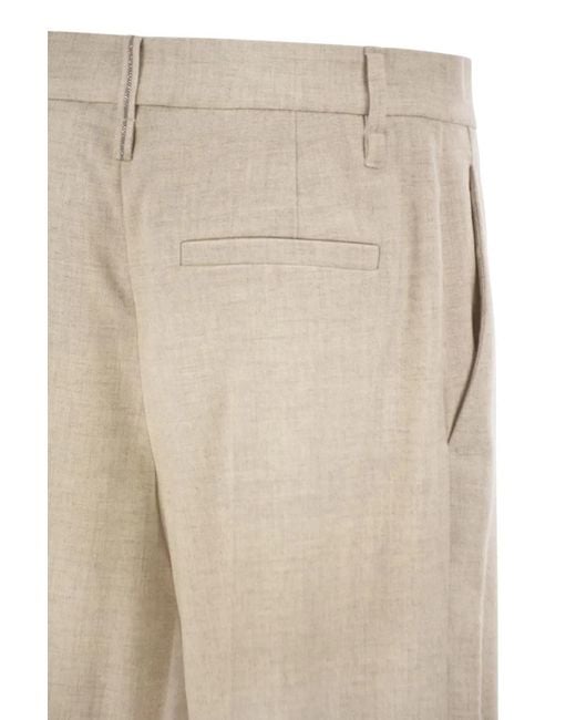 Brunello Cucinelli Natural Virgin Wool And Cashmere Tailored Trousers With Turn-Up Hem