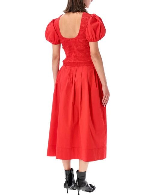 Ganni Red Smocked Cotton Midi Dress
