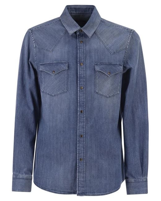 Peserico Blue Lightweight Cotton Denim Shirt With Patch Pockets for men