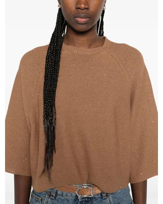 Fabiana Filippi Brown Boxy Cotton And Linen Sweater With Subtle Luminous Accents
