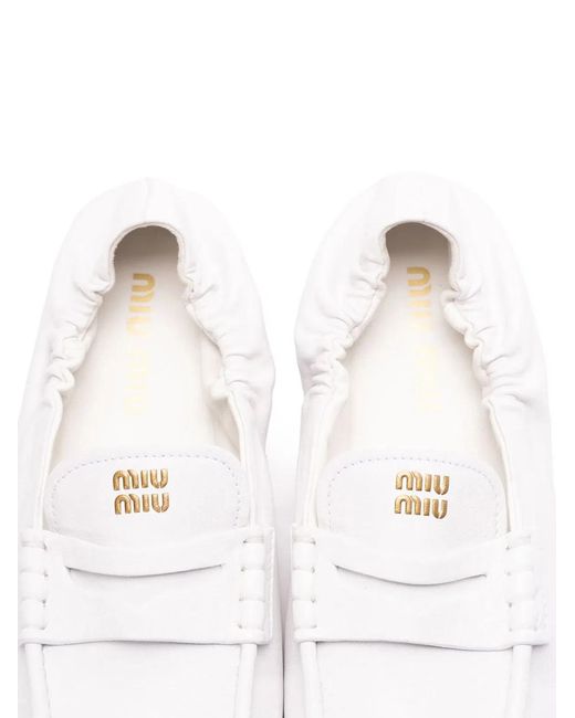 Miu Miu White Ruches Nappa Leather Loafers