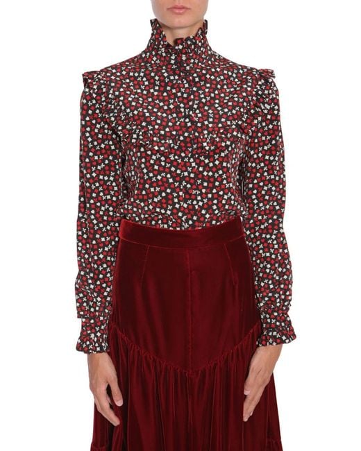 Saint Laurent Red Stand Up Collar Blouse