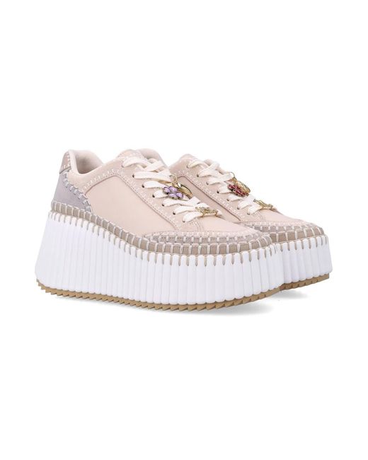 Chloé White Nama Wedge Platform Sneakers With Clover, Pineapple & Logo Charms