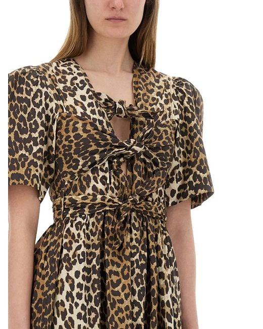 Ganni Natural Leopard Print Midi Dress