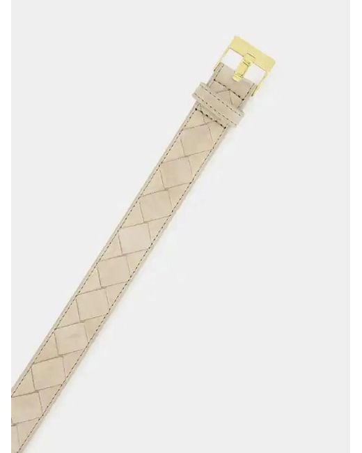 Bottega Veneta White Suede Cache Mastic E M Brass Leather Belt