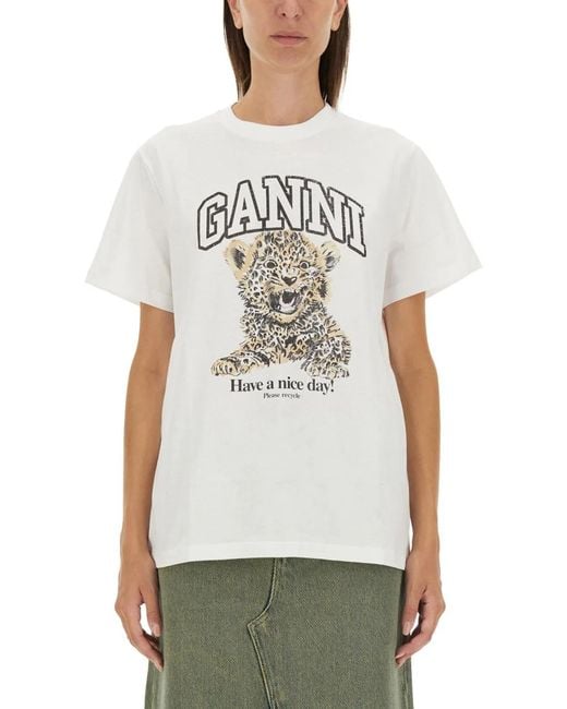 Ganni White Printed Cotton T-Shirt