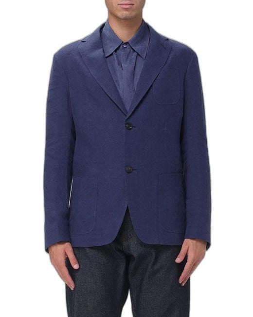 Emporio Armani Blue Linen Notched Lapel Blazer for men