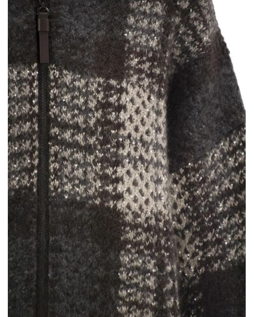 Brunello Cucinelli Gray Jacquard Knit Bomber Cardigan With Sequins