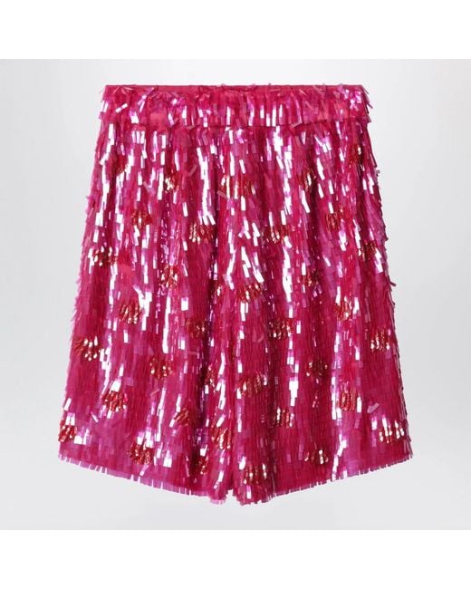 Dries Van Noten Red Fuchsia Silk Bermuda Shorts With Sequins